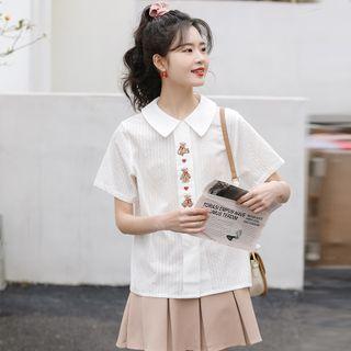 Short-sleeve Bear Embroidered Shirt Brown & White - One Size