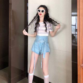 High Waist Denim Hot Pants / Striped Short-sleeve Knit Top
