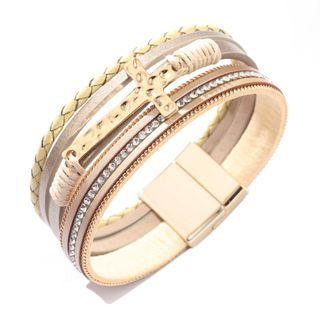 Cross Rhinestone Layered Faux Leather Bracelet