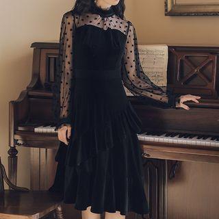 Dotted Mesh-sleeve Velvet Midi A-line Dress