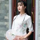 Flower Print Lace Trim 3/4-sleeve Hanfu Top