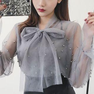 Set: Beaded Bow Accent Blouse + Camisole Top