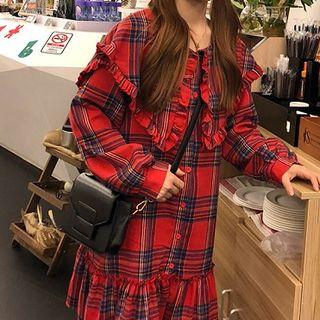 Sailor Collar Ruffle-hem Plaid Shirt Dress Red - One Size