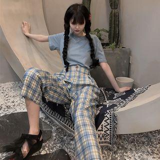 Plain Short-sleeve T-shirt / Plaid Cropped Wide-leg Pants