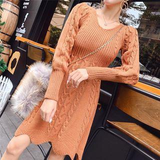Long Sleeve V Neck Cable-knit Dress