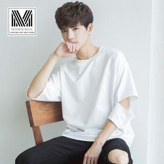 3/4-sleeve Cutout Loose-fit Crewneck Plain T-shirt