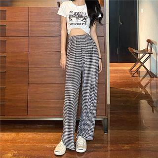 Plaid Straight-leg Pants Houndstooth - Black - One Size