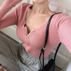 Plain V-neck Slim-fit Long-sleeve Knit Top Mauve Pink - One Size