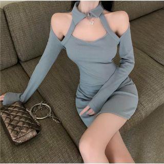 Long-sleeve Cold Shoulder Collared Knit Mini Bodycon Dress Ash Blue - One Size