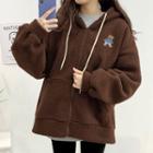 Bear Embroidered Hooded Zip Fleece Jacket