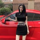Set: Short-sleeve Metal Fringe Cheongsam Top + Pencil Skirt