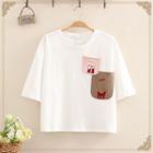 Cat Embroidered Short-sleeve T-shirt With Front Pocket