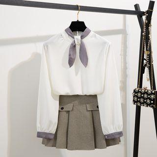 Bow Chiffon Blouse / Pleated Mini Skirt / Set