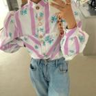 Floral Print Puff-sleeve Loose-fit Blouse Purple - One Size