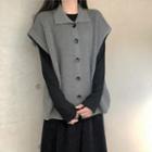 Cap-sleeve Buttoned Knit Top / Long-sleeve Midi A-line Dress