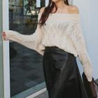 Set: Cable-knit Off-shoulder Sweater + Faux Leather A-line Skirt Sweater - Beige - One Size / Skirt - Black - One Size