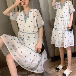 Floral Short-sleeve Chiffon Midi A-line Dress