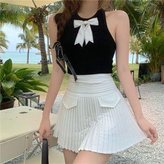 Ribbon Knit Tank Top / Accordion Pleat Mini A-line Skirt