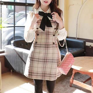 Inset Tie-neck Blouse Plaid Dress Pink - One Size