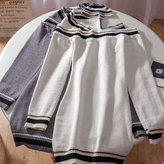 Long-sleeve One-shoulder Striped Trim Knit Mini Sheath Dress