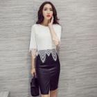 Set: 3/4-sleeve Lace Top + Faux Leather Pencil Skirt