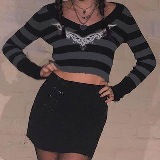 Stripe Skinny Long Sleeve V Neck Top