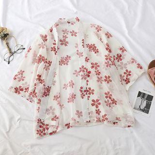 Flower Print Open Front Elbow-sleeve Chiffon Jacket Almond - One Size