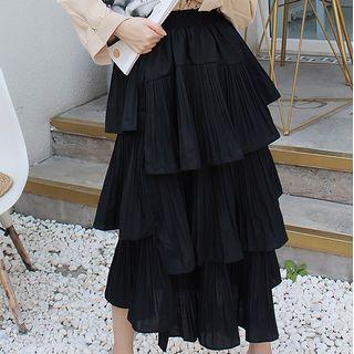 Asymmetric Ruffle Trim Elastic-waist Midi Skirt