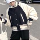 Color-block Baseball Jacket Navy Blue - One Size
