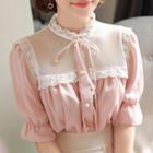 Beribboned Lace-trim Mesh-panel Blouse