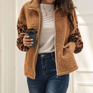 Panel Leopard Print Zip-up Jacket
