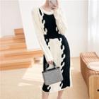 Color Block Long-sleeve Midi Cable-knit Dress As Shown In Figure - One Size
