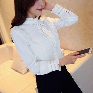 Stand Collar Embroidered Long-sleeve Shirt