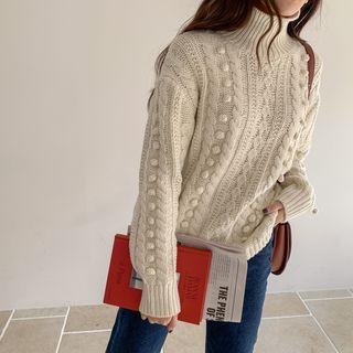 Turtleneck Bobble Cable Sweater Ivory - One Size