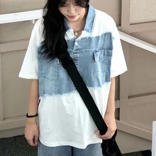 Elbow-sleeve Denim Panel Polo Shirt