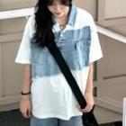 Elbow-sleeve Denim Panel Polo Shirt