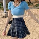 Argyle Print Pleated Mini A-line Denim Skirt