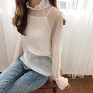 Set: Camisole Top + Long-sleeve Mock-neck Sheer Top