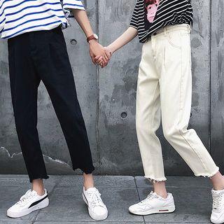 Fringed Trim Cropped Straight-fit Jeans
