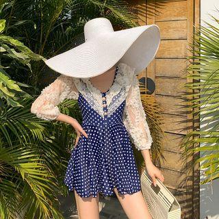 Balloon-sleeve Lace Panel Dotted Swim Dress