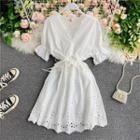 V-neck Drawstring Eyelet-lace Short-sleeve Dress White - One Size