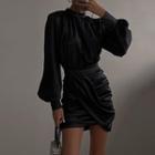 Long-sleeve Mock-neck Plain Mini Sheath Dress