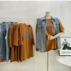 Set: Short-sleeve Lettering T-shirt + Denim Button-up Vest Top - Curcumin - One Size / Vest - Denim Blue - One Size