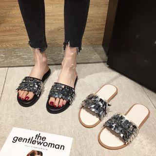 Sequined Strap Flat Slide Sandals
