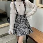 Long-sleeve Mock-neck Blouse / Floral Print Mini A-line Suspender Skirt
