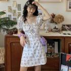 Puff-sleeve Floral Print Shirred A-line Dress Floral - White - One Size