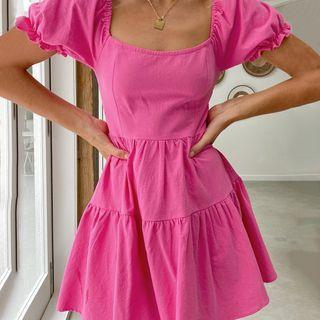Short-sleeve Square-neck Ribbon-back Mini A-line Dress