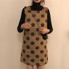 Turtleneck Long-sleeve Knit Top / Dotted Pinafore Dress