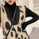 Leopard Print Long Knit Vest As Shown In Figure - One Size