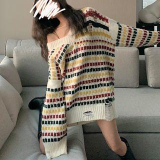 Distressed Plaid Sweater As Shown In Figure - One Size